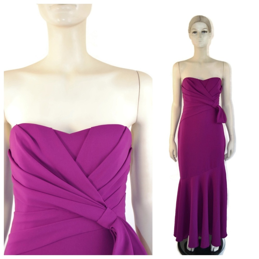 Badgley Mischka Strapless Purple Ruched Bow Gown 4